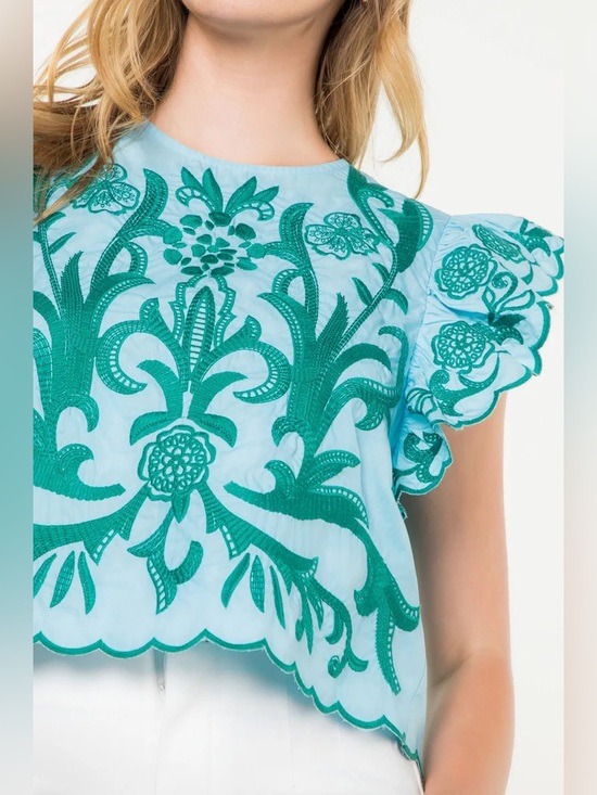 Anthropologie Tops - Anthropologie THML Teal Embroidered Flutter Sleeve Crop Top - Light Blue/Teal